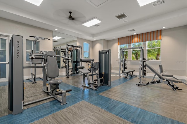 workout area featuring ceiling fan