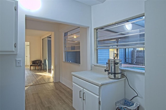 interior space with wood-type flooring and white cabinetry