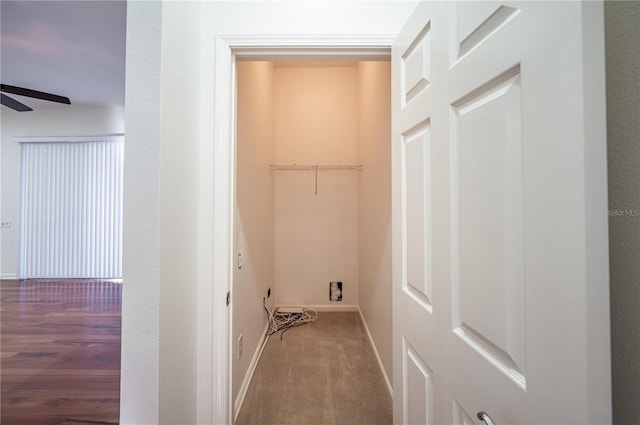 washroom with ceiling fan and carpet floors