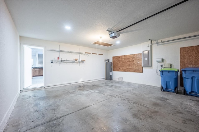 garage with electric water heater, electric panel, and a garage door opener