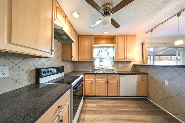 kitchen featuring dark hardwood / wood-style flooring, electric range oven, a textured ceiling, sink, and dishwasher