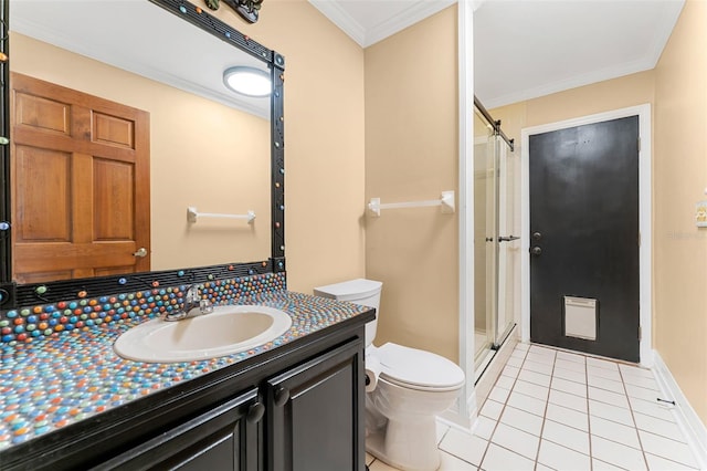 bathroom featuring toilet, tile patterned flooring, a shower with shower door, and ornamental molding