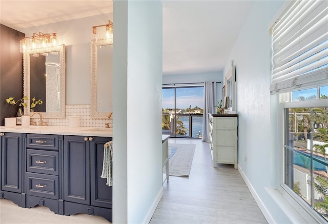 bathroom featuring backsplash, a water view, vanity, and wood-type flooring