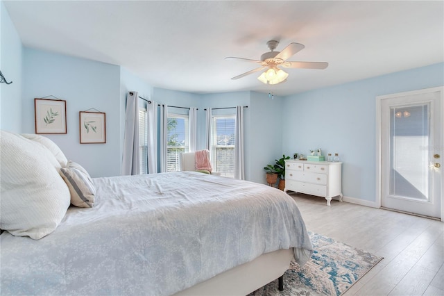 bedroom featuring ceiling fan and light hardwood / wood-style flooring