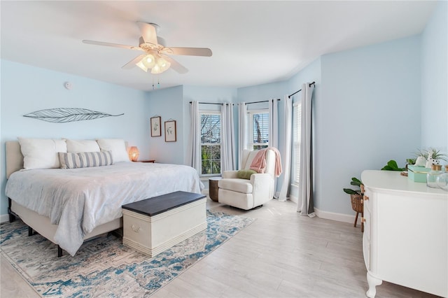 bedroom featuring ceiling fan and light wood-type flooring