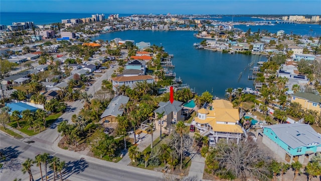 aerial view featuring a water view