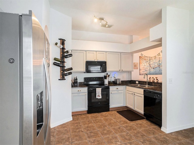 kitchen with white cabinetry, black appliances, a sink, dark countertops, and baseboards