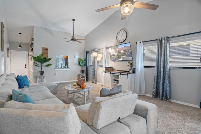 carpeted living room featuring ceiling fan and high vaulted ceiling