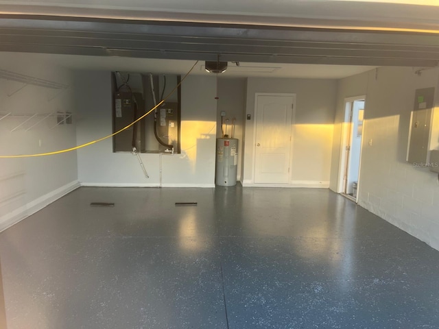 garage featuring heating unit, a garage door opener, and water heater