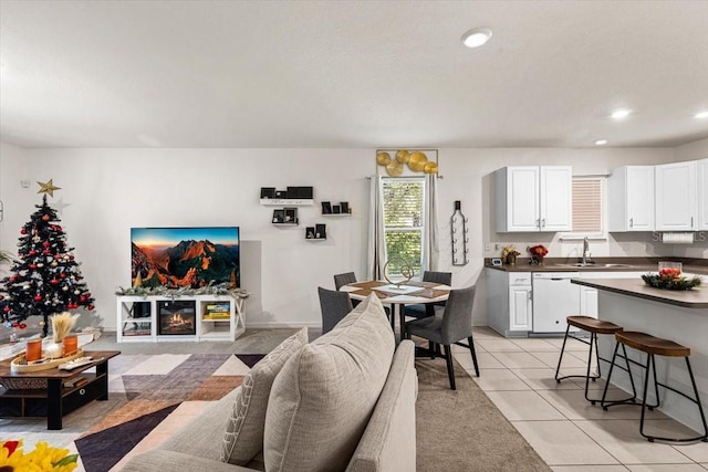 tiled living room with sink