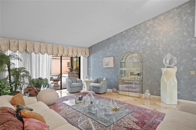 living room featuring a textured ceiling