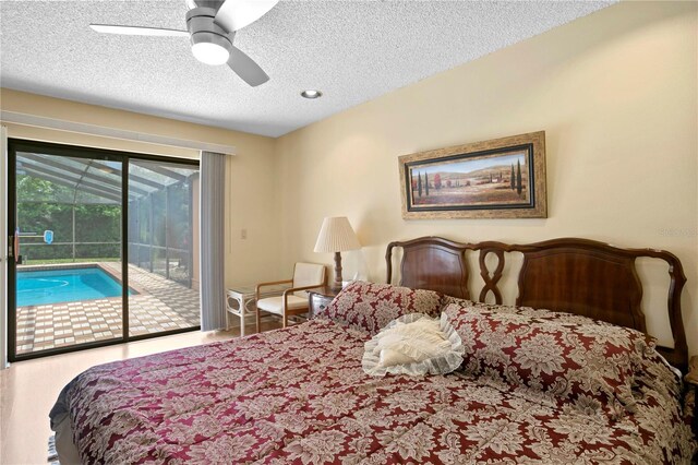 bedroom with a textured ceiling, access to outside, and ceiling fan