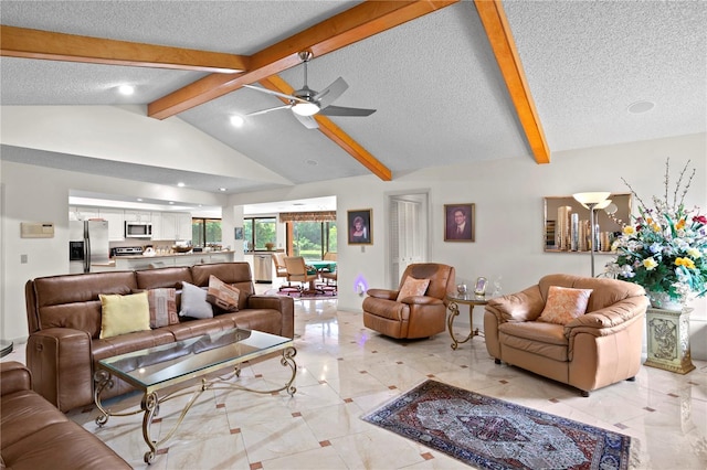 tiled living room featuring a textured ceiling, vaulted ceiling with beams, and ceiling fan