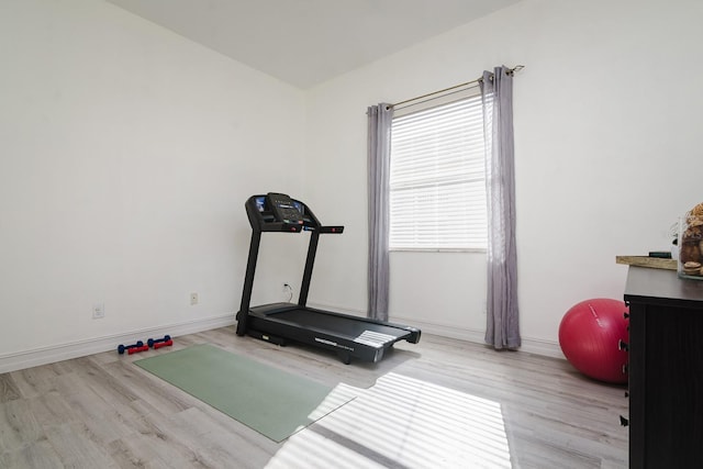 workout room featuring light hardwood / wood-style floors