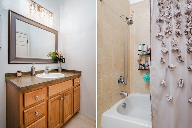 bathroom featuring tile patterned flooring, shower / bath combo, and vanity