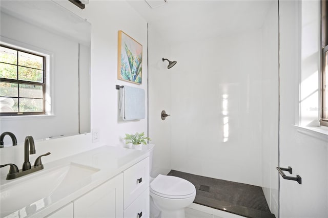 bathroom with vanity, toilet, and a shower