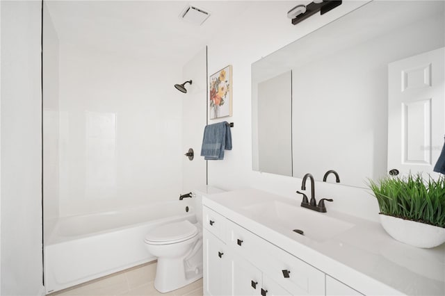 full bathroom with tile patterned floors, vanity,  shower combination, and toilet