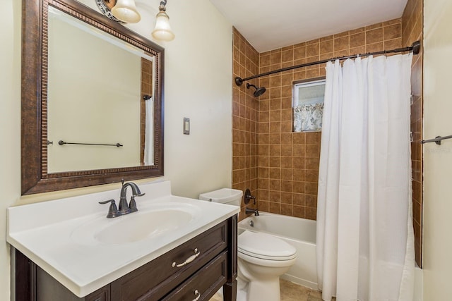 full bathroom with shower / bath combo, vanity, and toilet