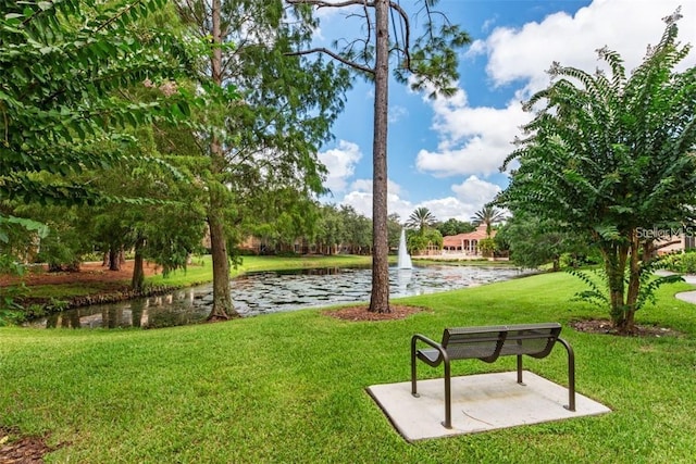 surrounding community featuring a water view and a lawn