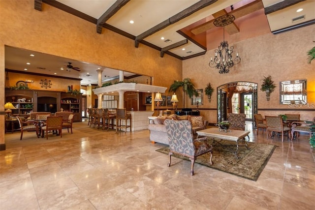 4166 Central Sarasota Pkwy Unit 521, Sarasota, FL 34238 - living area with a high ceiling, beam ceiling, arched walkways, marble finish floors, and ceiling fan
