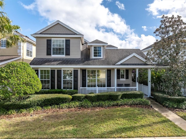 view of front of home with a porch and a front yard