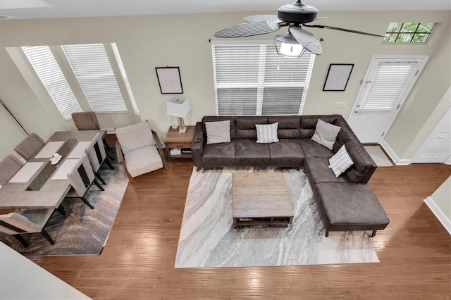 living room with wood-type flooring and ceiling fan