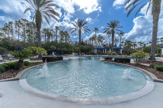 view of swimming pool with pool water feature