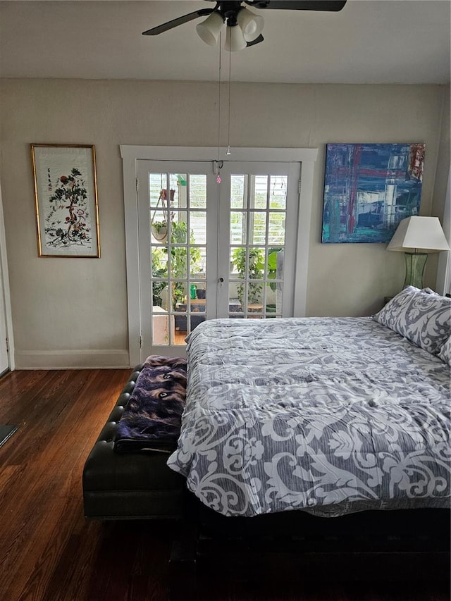 bedroom with access to exterior, ceiling fan, french doors, and dark hardwood / wood-style floors