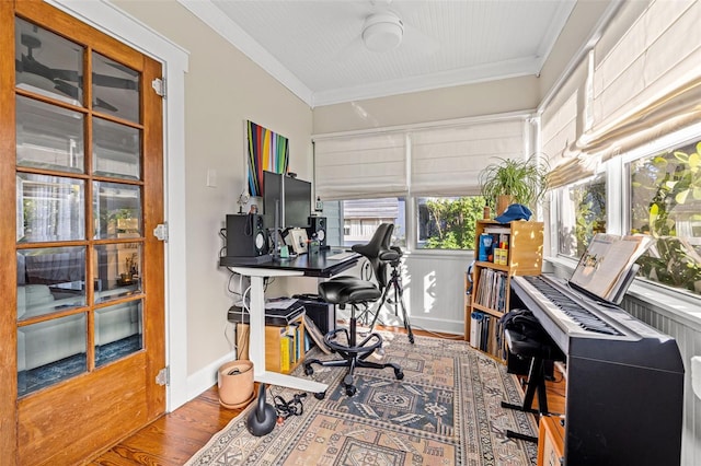 office featuring wood-type flooring and ornamental molding