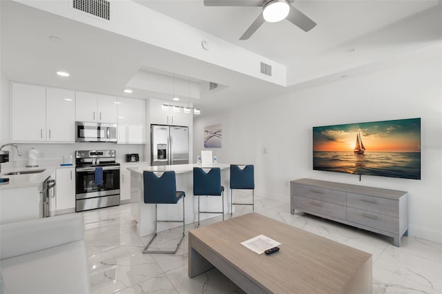 living room featuring sink, ceiling fan, and a raised ceiling