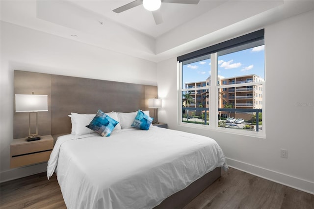 bedroom with multiple windows, dark hardwood / wood-style floors, a tray ceiling, and ceiling fan