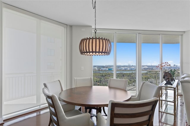 dining space with floor to ceiling windows and hardwood / wood-style flooring