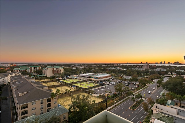 view of aerial view at dusk