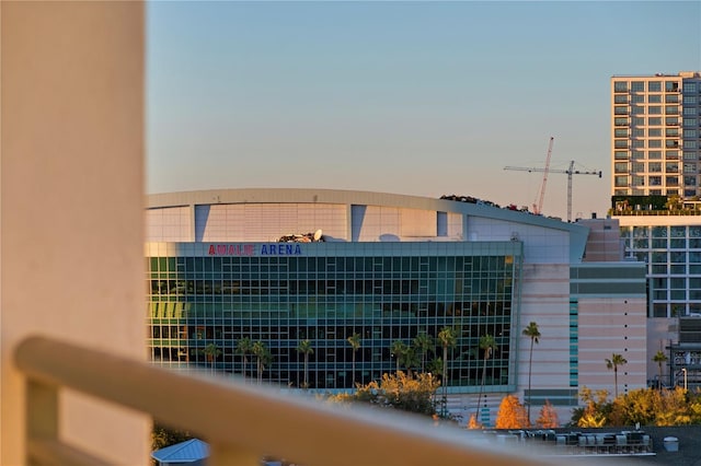 view of outdoor building at dusk