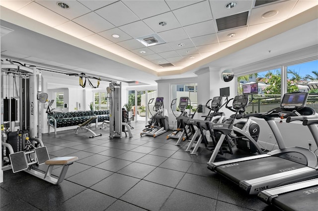 exercise room featuring a raised ceiling, a drop ceiling, and a healthy amount of sunlight