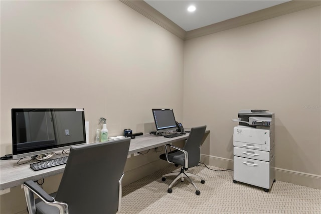 carpeted office space featuring ornamental molding