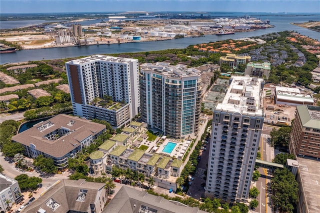 bird's eye view with a water view