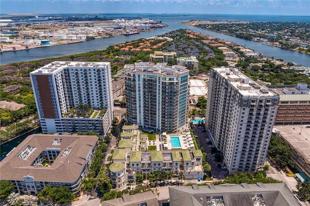 drone / aerial view featuring a water view