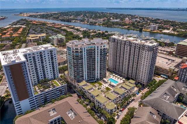 aerial view featuring a water view