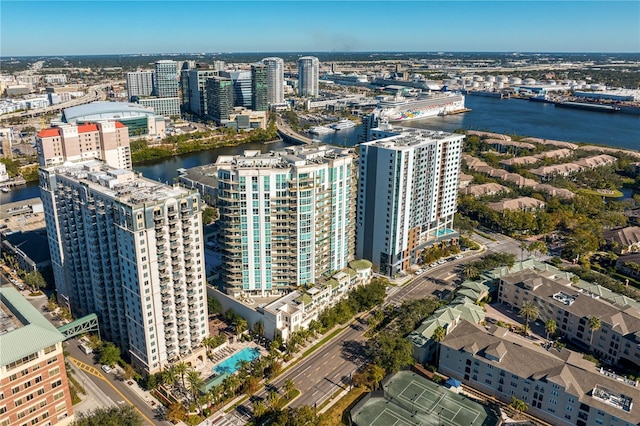 aerial view featuring a water view