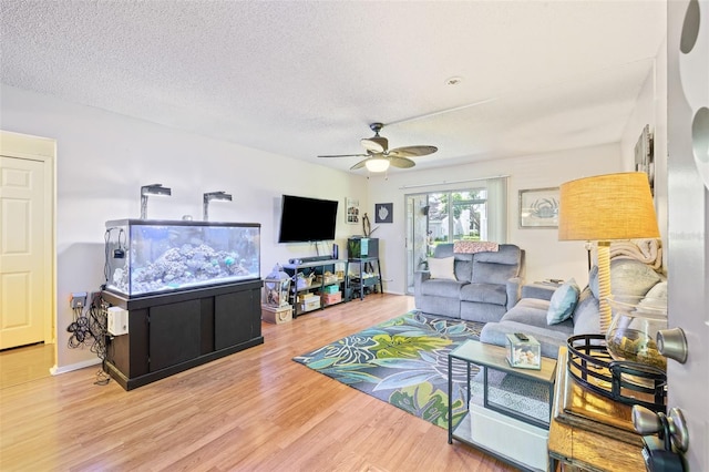 living room with hardwood / wood-style floors, ceiling fan, and a textured ceiling