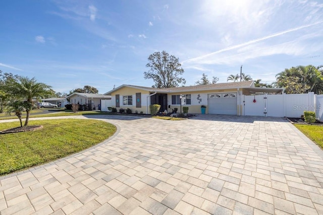 ranch-style home with a front yard and a garage