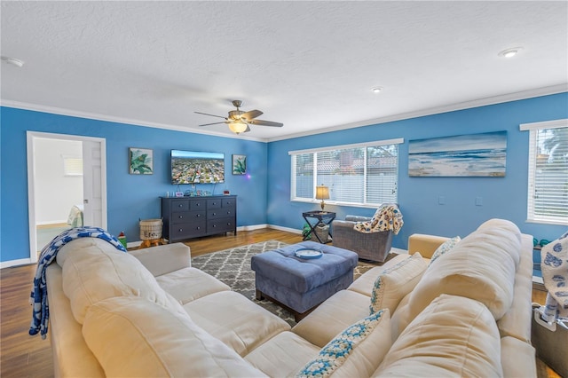 living room with hardwood / wood-style floors, ceiling fan, and ornamental molding