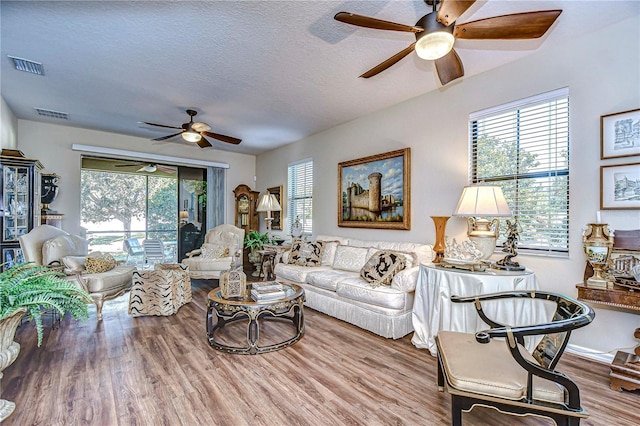 living room with wood-type flooring and a textured ceiling