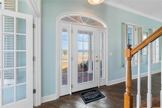 entryway featuring dark hardwood / wood-style flooring and crown molding