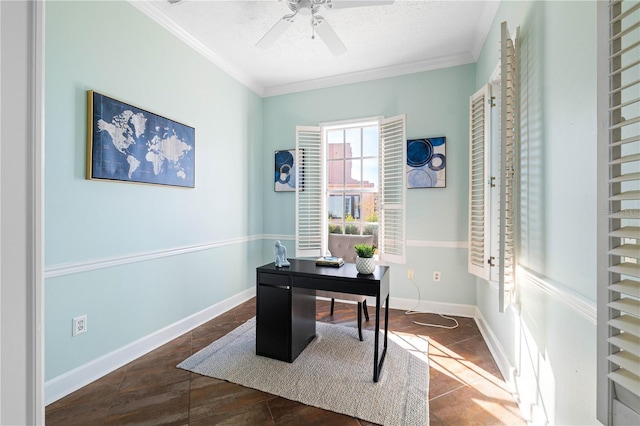 office space featuring ceiling fan, ornamental molding, and a textured ceiling