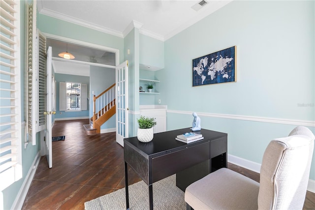 office space with french doors, dark hardwood / wood-style flooring, and ornamental molding