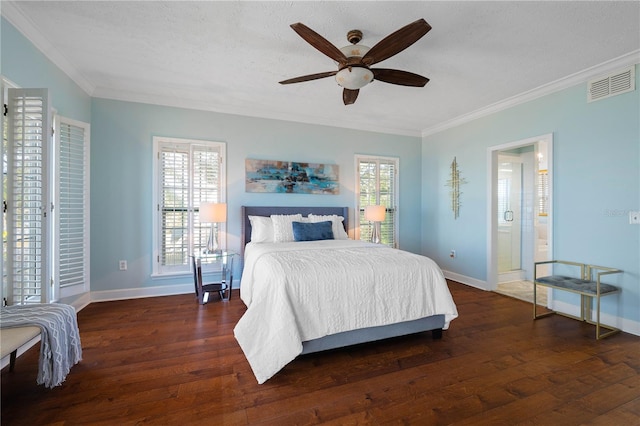 bedroom with multiple windows, ceiling fan, crown molding, and dark hardwood / wood-style floors