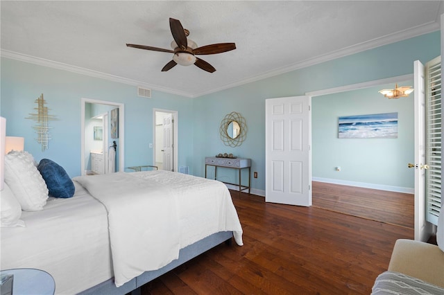 bedroom with dark hardwood / wood-style floors, ceiling fan, ornamental molding, and connected bathroom