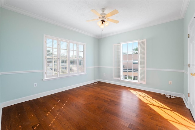 spare room featuring crown molding, hardwood / wood-style floors, ceiling fan, and a textured ceiling